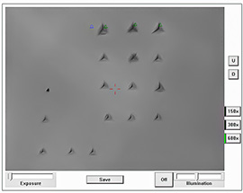 Indents into fused silica, displayed in control software. For this pattern max. load on sample ranges from 500 mN to 800 mN.